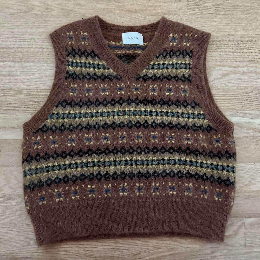 Doen Kenley fair isle sweater vest brown merino cashmere wool M medium